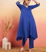 INK BLUE V NECK GOTA SLEEVE A LINE KURTA SET