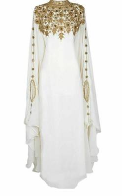 White Georgette Kaftan with Golden Stonework Embellishments 1