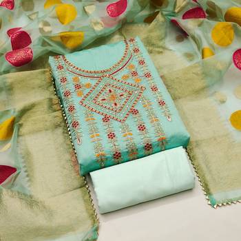 Mint Chanderi Modal Embroidered Unstitched Dress Material 1