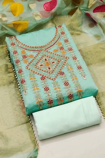 Mint Chanderi Modal Embroidered Unstitched Dress Material
