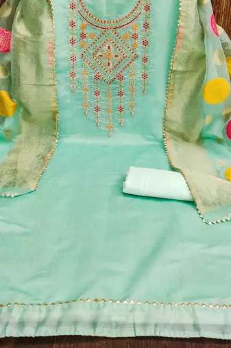 Mint Chanderi Modal Embroidered Unstitched Dress Material