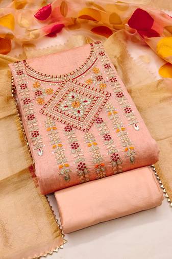 Peach Chanderi Modal Embroidered Unstitched Dress Material