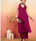 WINE LUREX NECK PATTI HALTER KURTA PANT SET
