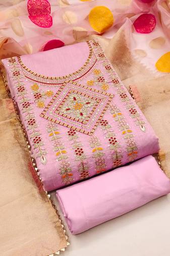 Pink Chanderi Modal Embroidered Unstitched Dress Material