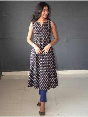 Anokhi black ajrakh print kalidar cotton kurtis for women 1