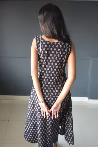 Anokhi black ajrakh print kalidar cotton kurtis for women
