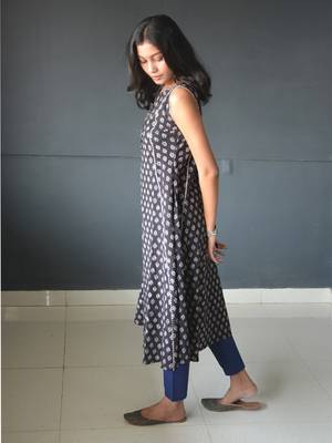 Anokhi black ajrakh print kalidar cotton kurtis for women 3