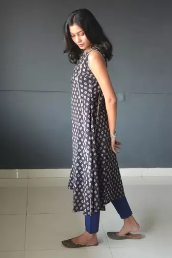 Anokhi black ajrakh print kalidar cotton kurtis for women
