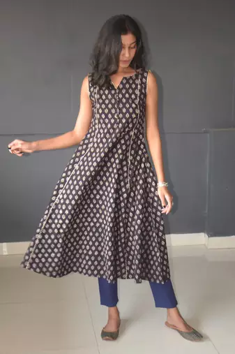 Anokhi black ajrakh print kalidar cotton kurtis for women