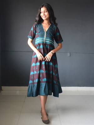 Anokhi brown bagh print frock style cotton kurta for women 1