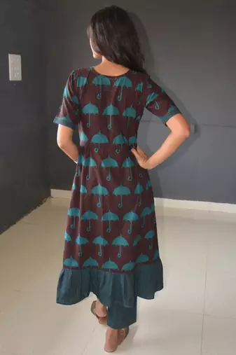 Anokhi brown bagh print frock style cotton kurta for women