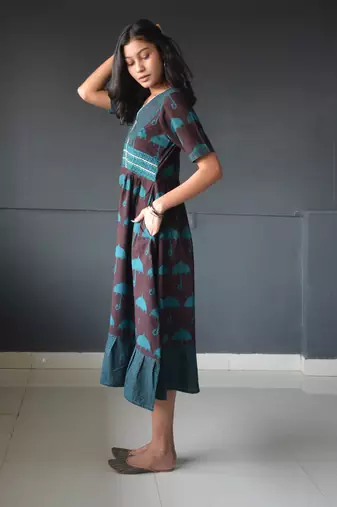 Anokhi brown bagh print frock style cotton kurta for women