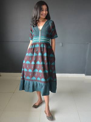 Anokhi brown bagh print frock style cotton kurta for women 4