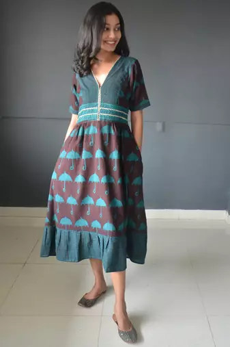 Anokhi brown bagh print frock style cotton kurta for women