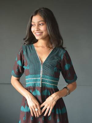 Anokhi brown bagh print frock style cotton kurta for women 5