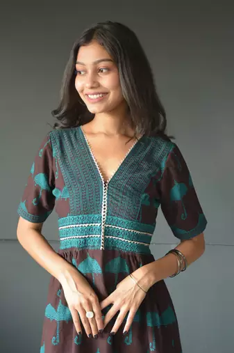 Anokhi brown bagh print frock style cotton kurta for women