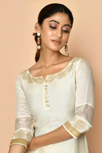 Ayoola flora ivory handloom maheshwari silk kurta set