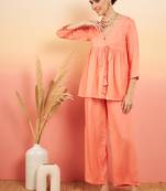 CREAMY PEACH LUREX V NECK FRONT TIE UP KURTA PANT SET
