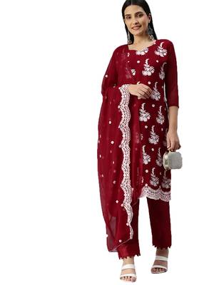 Manvaa Women'S high-class Green And Maroon Color Heavy Zari Embrodiery Georgette Combo Dress Material 4