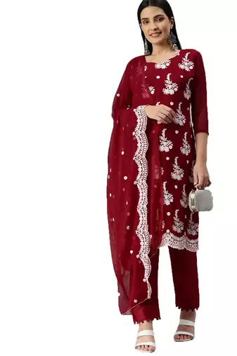 Manvaa Women'S high-class Green And Maroon Color Heavy Zari Embrodiery Georgette Combo Dress Material