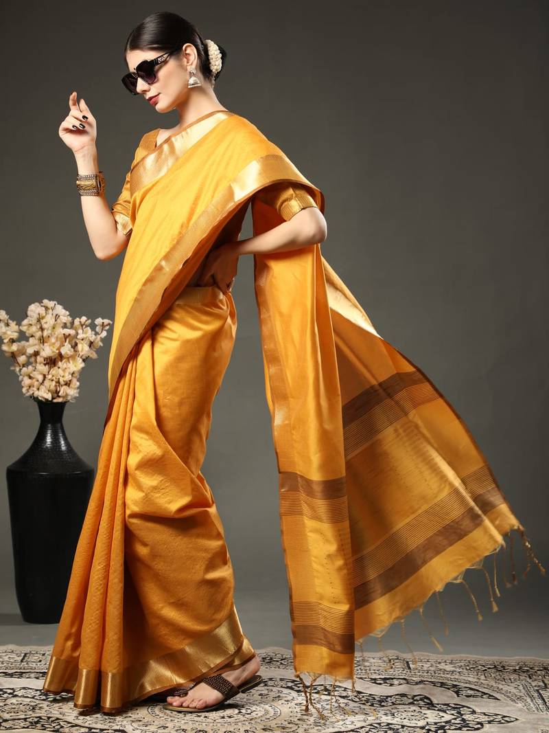 yellow colour banarasi saree with beautiful designer pallu