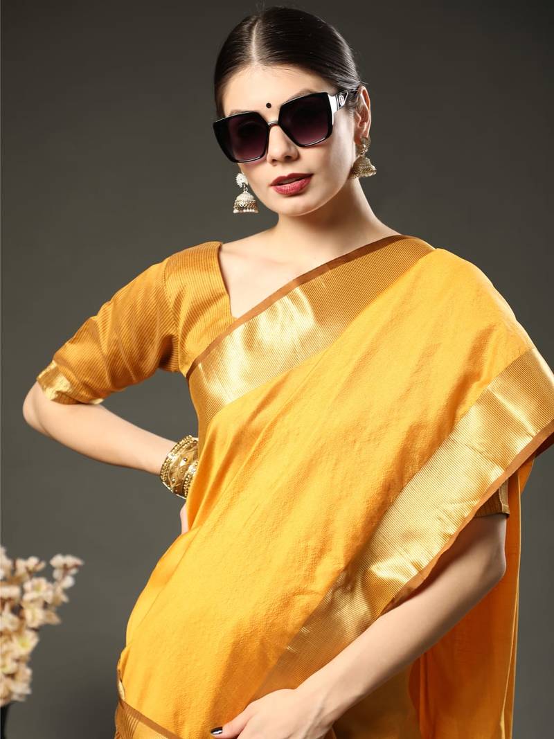 yellow colour banarasi saree with beautiful designer pallu