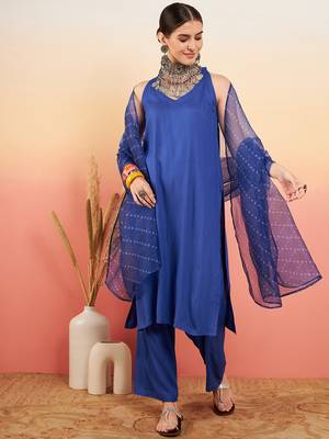 INK BLUE NECK PATTI HALTER KURTA SET BLUE BADHANI OR DUPATTA 1