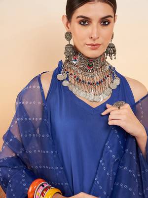 INK BLUE NECK PATTI HALTER KURTA SET BLUE BADHANI OR DUPATTA 3