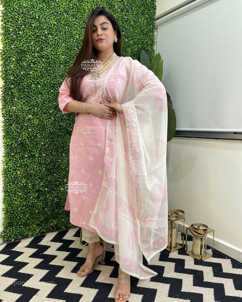 Cotton embroidery work kurti pant with Dupatta