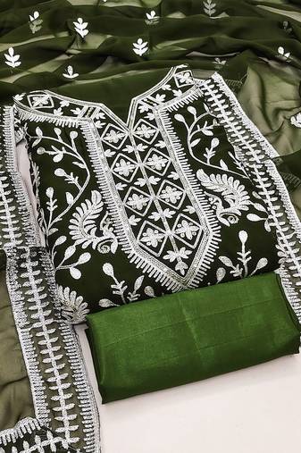 Mehendi Georgette Embroidered Pakistani Style Unstitched Dress Material