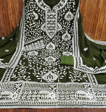 Mehendi Georgette Embroidered Pakistani Style Unstitched Dress Material 2