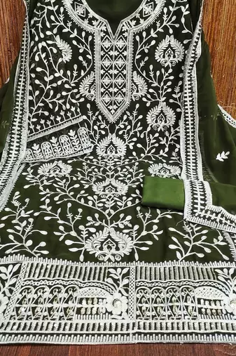 Mehendi Georgette Embroidered Pakistani Style Unstitched Dress Material