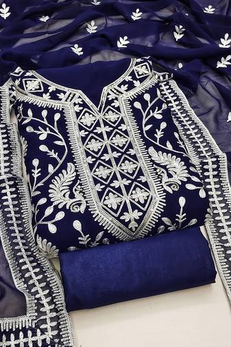 Navy Blue Georgette Embroidered Pakistani Style Unstitched Dress Material