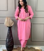 Pink Cotton embroidery work kurti pant with Dupatta