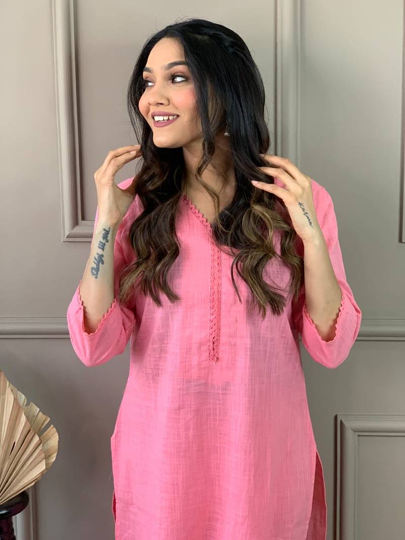 Pink Cotton embroidery work kurti pant with Dupatta