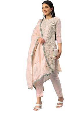 Manvaa Women'S EXCLUSIVE Peach And Pink Color Heavy Thread Embrodiery Cotton Combo Dress Material 2