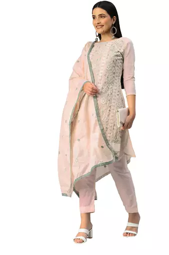 Manvaa Women'S EXCLUSIVE Peach And Pink Color Heavy Thread Embrodiery Cotton Combo Dress Material