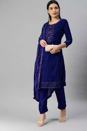 Manvaa Women'S AMAZING Blue And Green Color Embrodiery Combo Dress Material