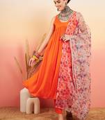 ORANGE SLEEVELESS FLARED KURTA SET OFFWHITE MULTI FLORAL OR DUPATA