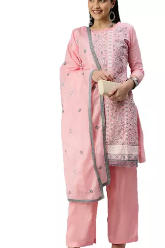 Manvaa Women'S EXCLUSIVE Peach And Pink Color Heavy Thread Embrodiery Cotton Combo Dress Material