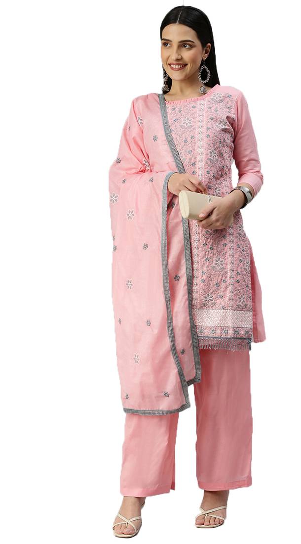 Manvaa Women'S EXCLUSIVE Peach And Pink Color Unstitched Heavy Thread Embrodiery Cotton Combo Dress Material 