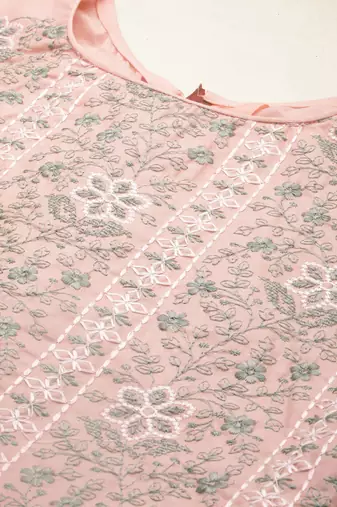 Manvaa Women'S EXCLUSIVE Peach And Pink Color Heavy Thread Embrodiery Cotton Combo Dress Material