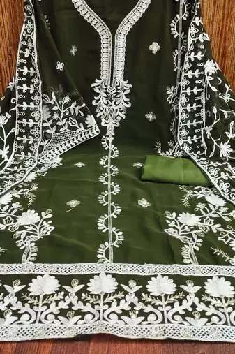 Mehendi Georgette Embroidered Unstitched Dress Material
