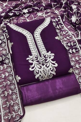 Purple Georgette Embroidered Unstitched Dress Material