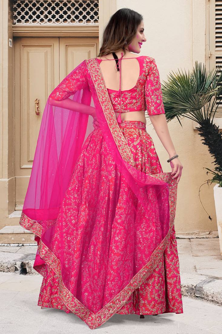Pink Sequins Embroidered Silk Semi Stitched Lehenga Choli For Wedding