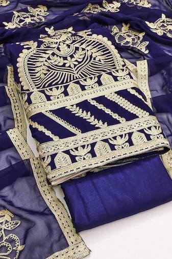 Blue Georgette Embroidered Unstitched Dress Material