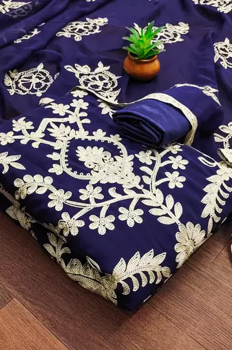 Blue Georgette Embroidered Unstitched Dress Material