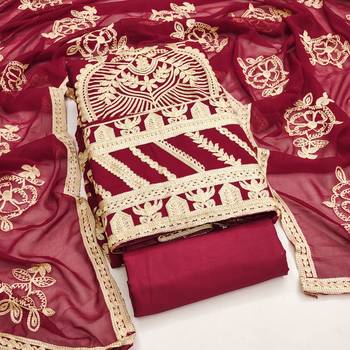 Red Georgette Embroidered Unstitched Dress Material 1