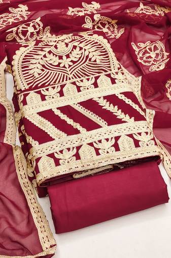 Red Georgette Embroidered Unstitched Dress Material