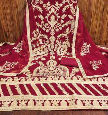 Red Georgette Embroidered Unstitched Dress Material 2